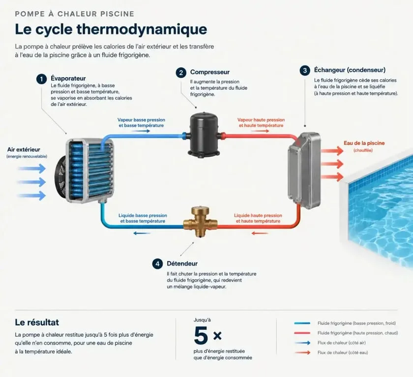 Schéma de fonctionnement d'une pompe à chaleur piscine