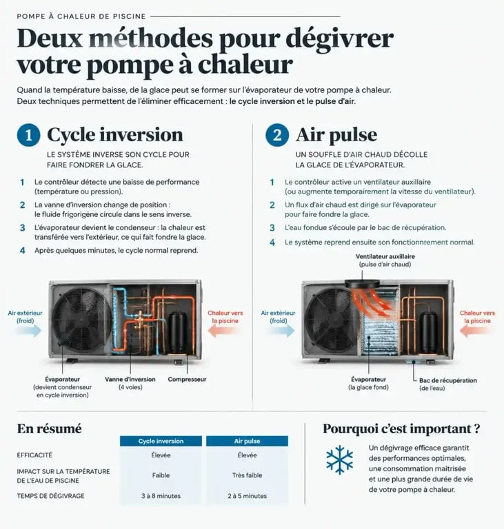 Infographie expliquant le cycle de dégivrage d'une pompe à chaleur piscine qui givre