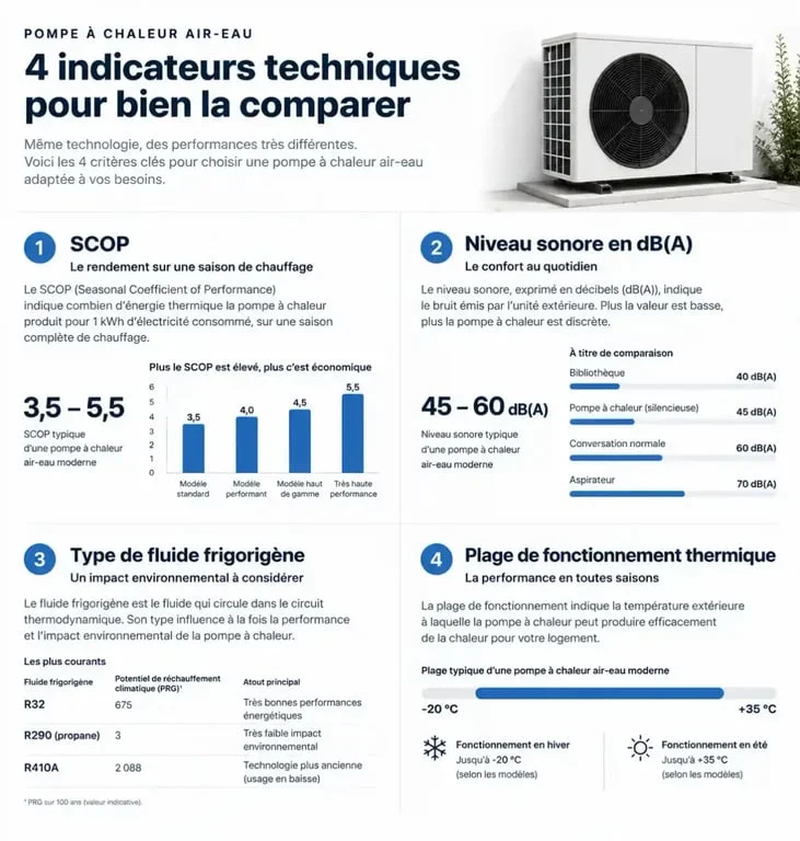 Infographie des 4 indicateurs techniques pour choisir sa pompe Ă chaleur air-eau