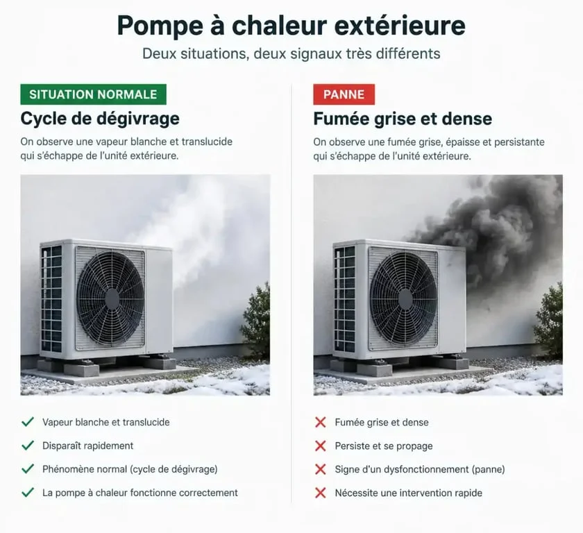 Différence visuelle entre la vapeur de dégivrage et la fumée d'une pompe à chaleur qui fume