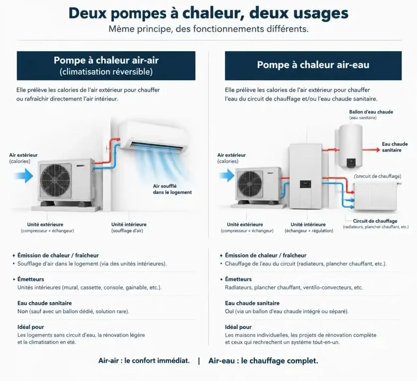 Schéma comparatif entre climatisation réversible air-air et pompe à chaleur air-eau pour comprendre la différence