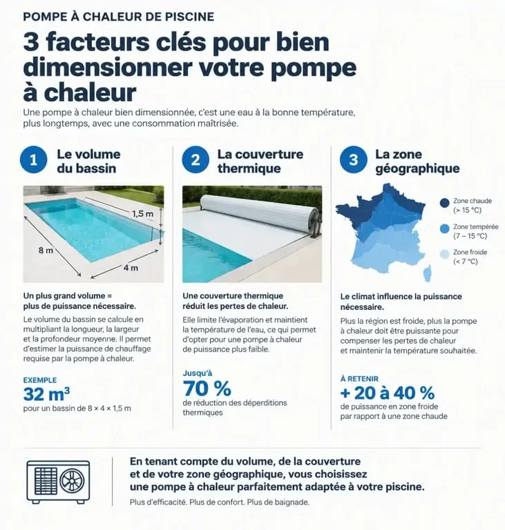 Infographie des facteurs de dimensionnement pour une pompe à chaleur piscine