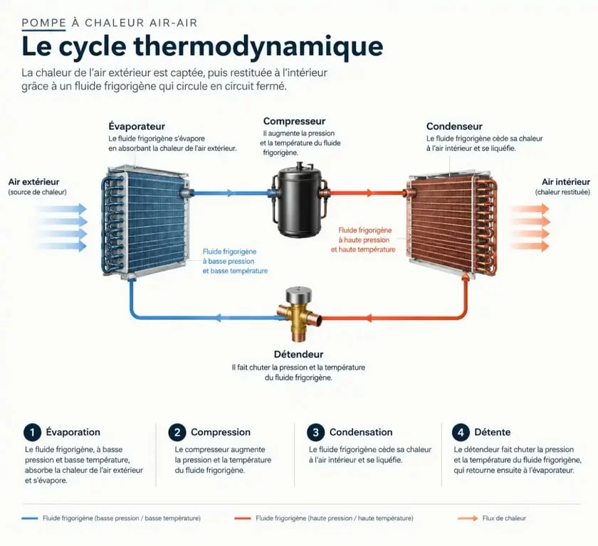 Schéma du fonctionnement d'une pompe à chaleur air-air