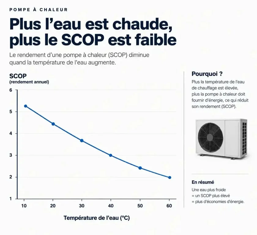 Graphique illustrant l'impact de la température de l'eau sur le rendement SCOP d'une pompe à chaleur radiateur