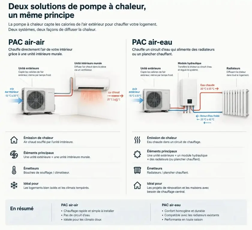 Schéma comparatif entre une pompe à chaleur air-air et air-eau pour appartement