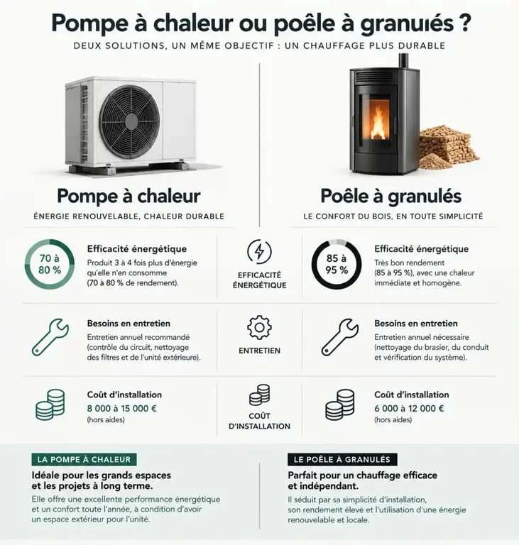 Infographie comparative entre pompe à chaleur ou poêle à granulés pour le chauffage domestique