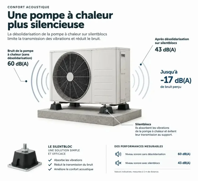 Schéma technique montrant l'installation d'une pompe à chaleur qui fait du bruit sur des silentblocs