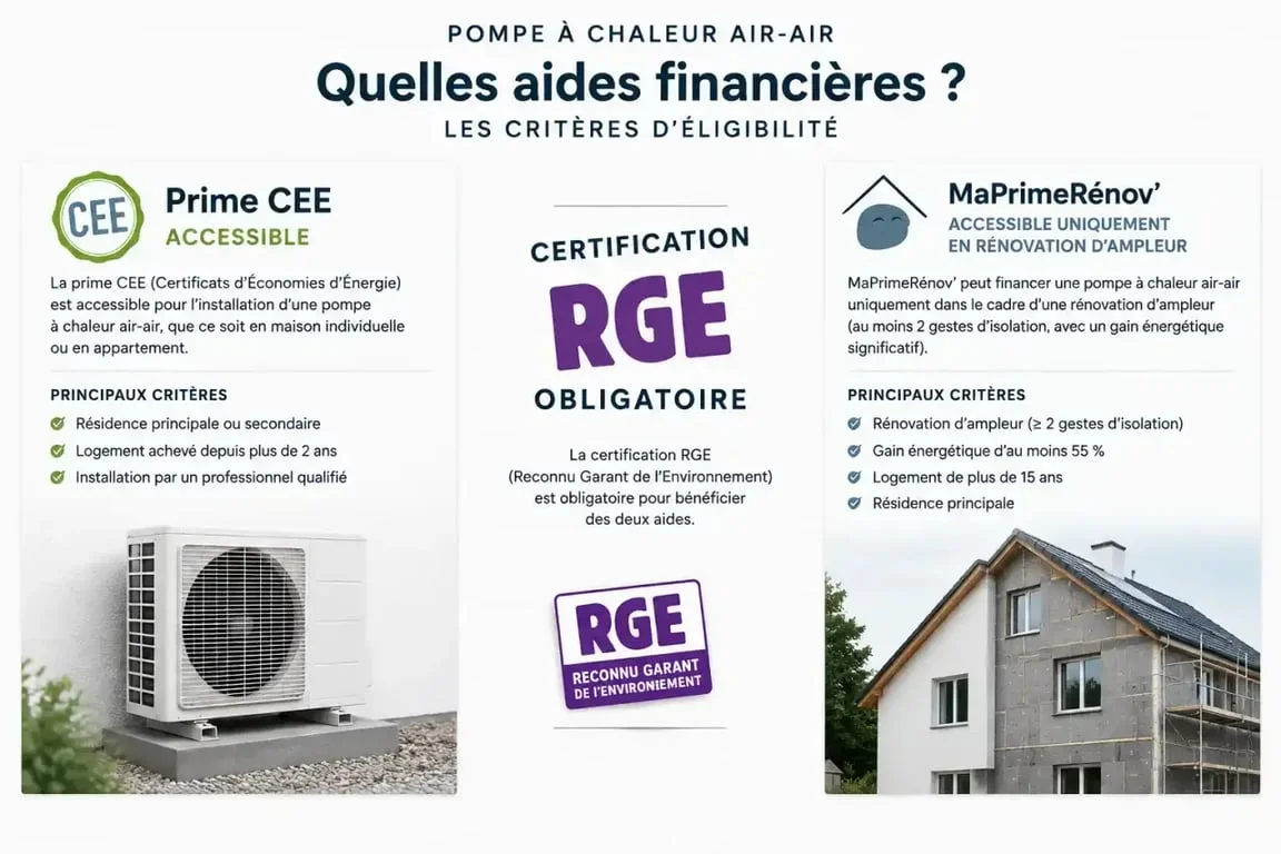 Infographie des aides financiÚres pour l'installation d'une pompe à chaleur air-air et critÚres d'éligibilité