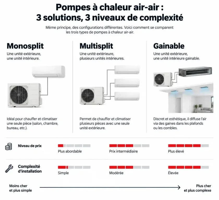 Comparatif des coûts et types de pompes à chaleur air-air pour estimer combien coûte une pompe à chaleur air-air