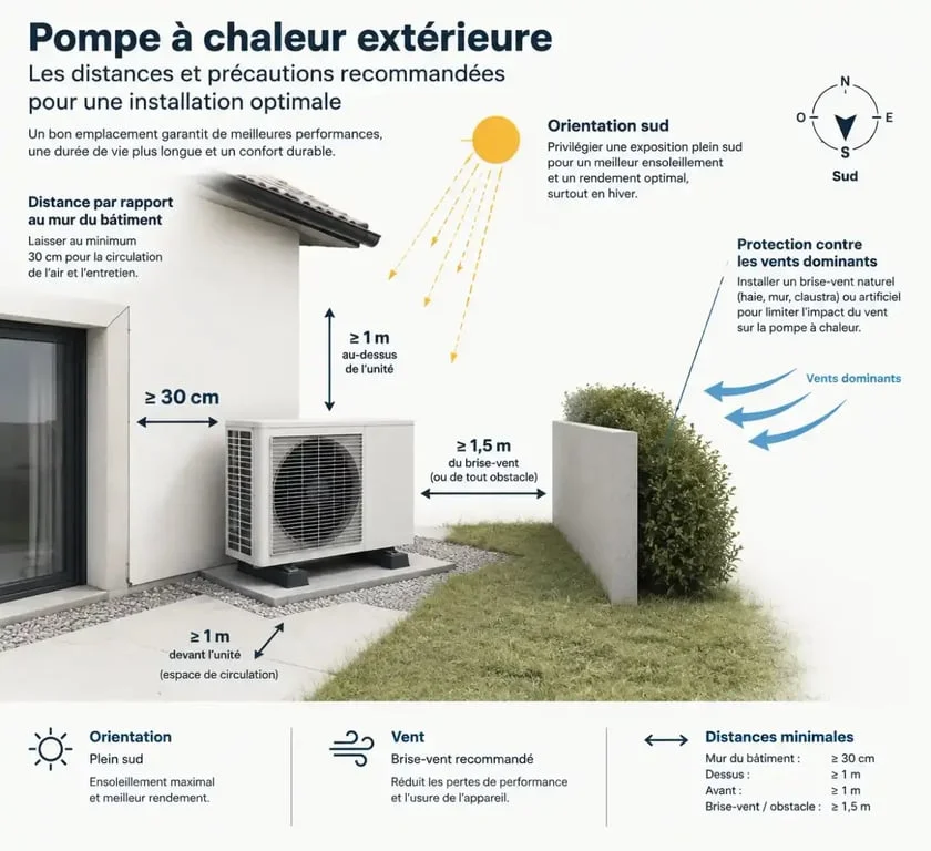Schéma des distances et orientation pour l'installation d'une pompe à chaleur