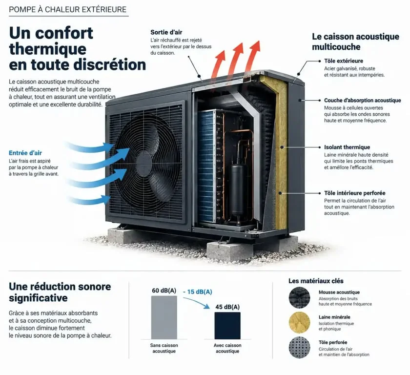 Schéma de fonctionnement d'un caisson anti bruit pour pompe à chaleur Leroy Merlin