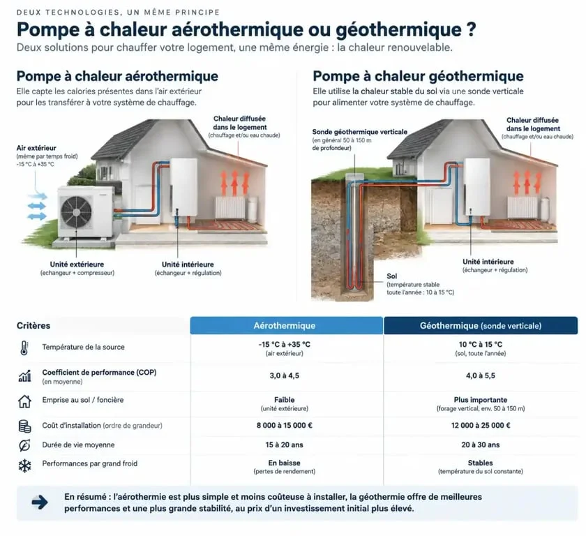 Comparaison technique entre pompe à chaleur aérothermique et géothermie pour le chauffage