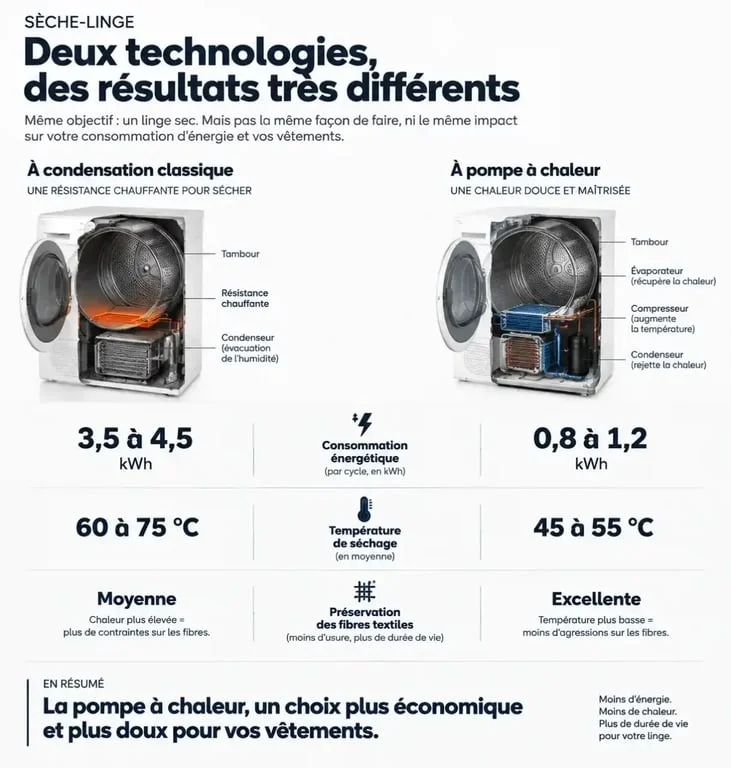 Comparatif technique sèche-linge pompe à chaleur ou condensation : consommation, température et entretien.