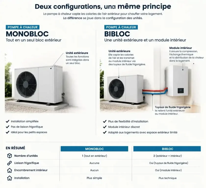 Schéma comparatif entre pompe à chaleur monobloc et bibloc