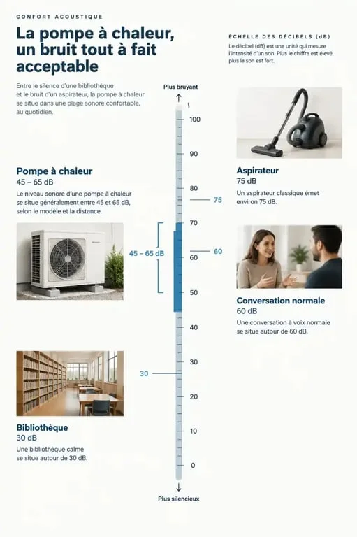 Ăchelle comparative des niveaux de bruit en dĂ©cibels incluant la pompe Ă chaleur