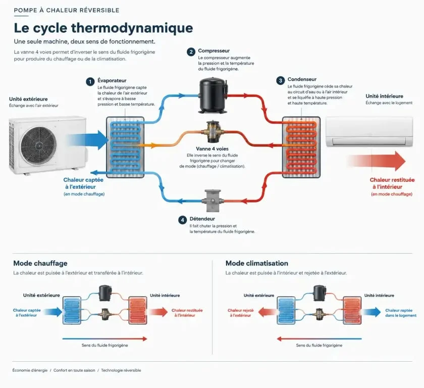 Schéma de fonctionnement d'une pompe à chaleur réversible et cycle thermodynamique