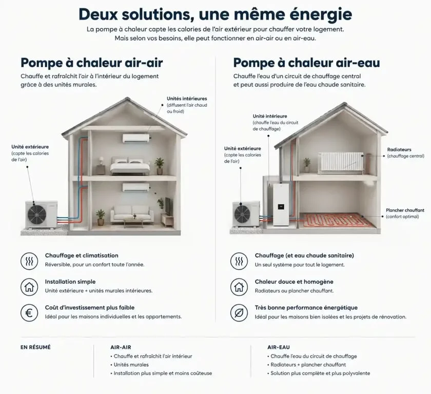Comparaison technique entre une pompe Ă chaleur air-air et une pompe Ă chaleur air-eau pour le chauffage