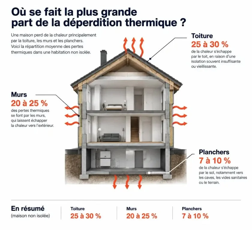 Schéma des déperditions thermiques d'une maison pour une rénovation énergétique réussie