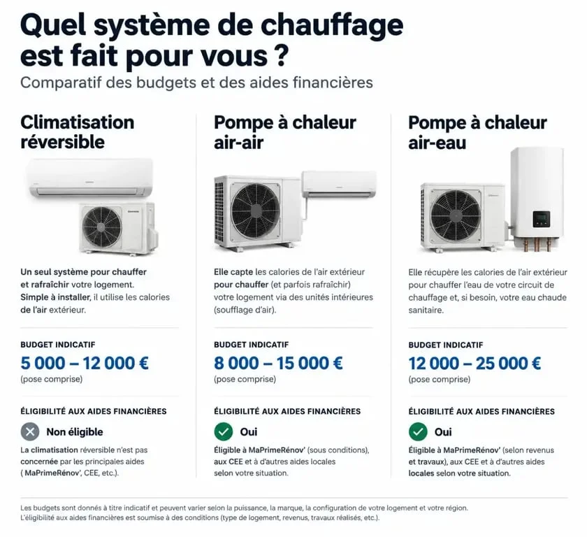 Comparatif des budgets et aides pour pompe à chaleur ou clim réversible
