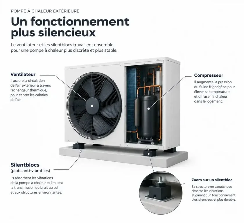 Schéma des composants d'une pompe à chaleur qui claque pour identifier l'origine du bruit
