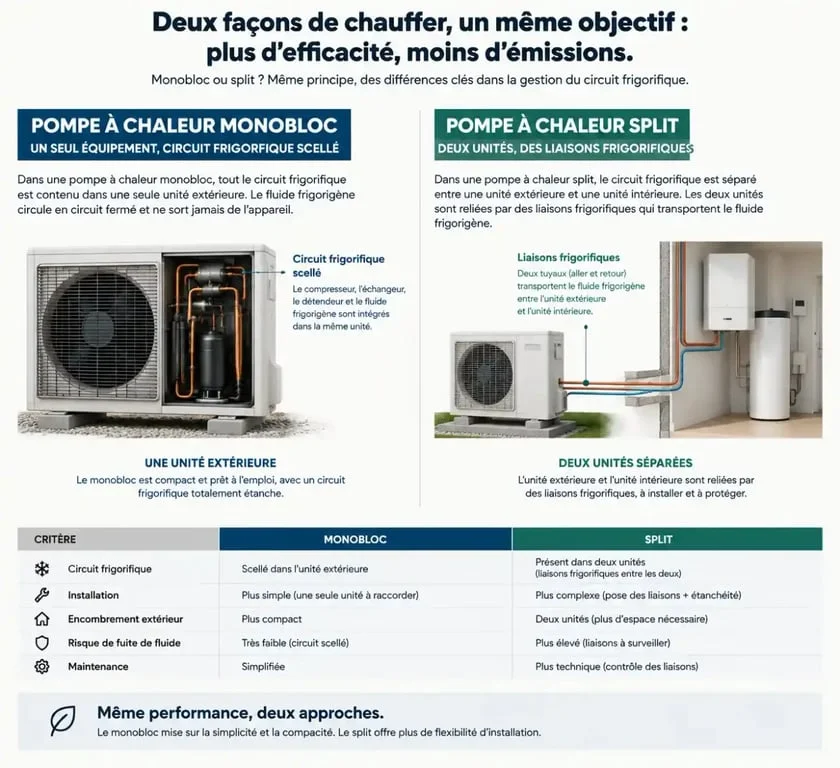 Schéma comparatif entre pompe à chaleur monobloc et bibloc pour l'installation d'une pompe à chaleur soi-même