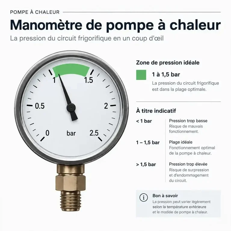 Manomètre de pompe à chaleur indiquant la pression idéale de 1 à 1.5 bar